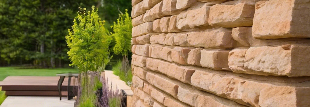 Close-up of a tan dry-stacked stone wall